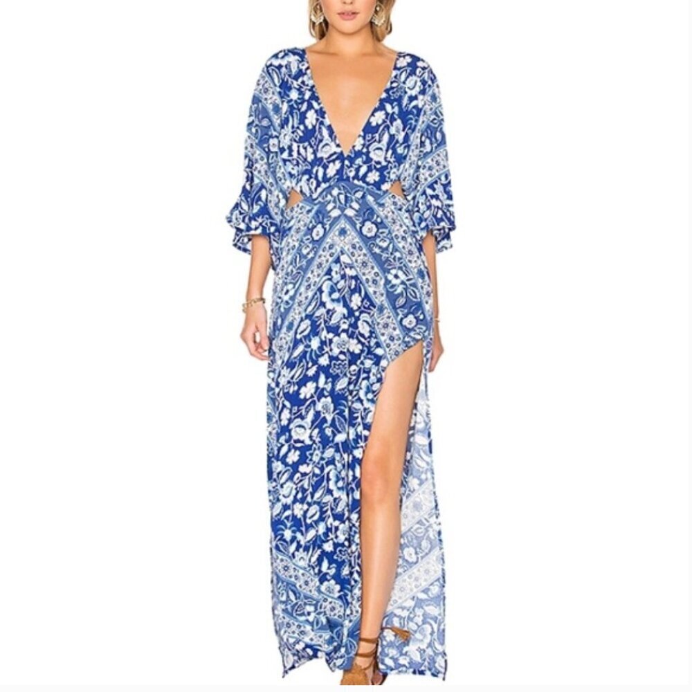 Spell Lolita Dress Maxi Cutout V-Neck High Silt Boho Floral Blue White Medium
